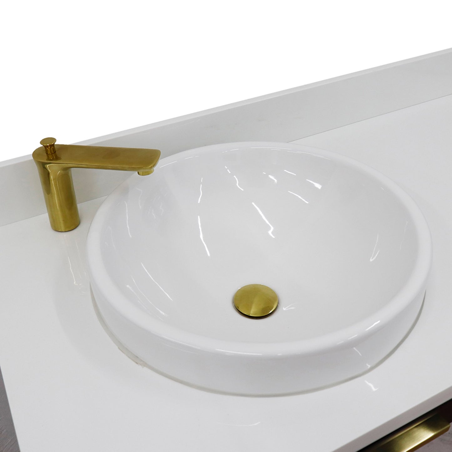 61" Double sink vanity in Black finish with White engineered stone and round sink
