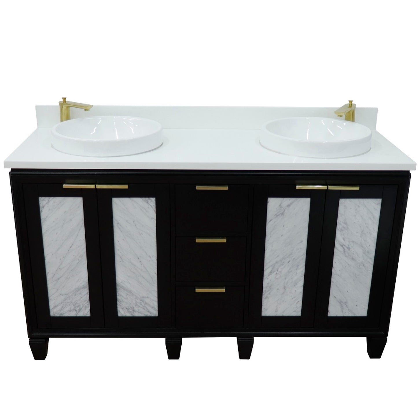 61" Double sink vanity in Black finish with White engineered stone and round sink