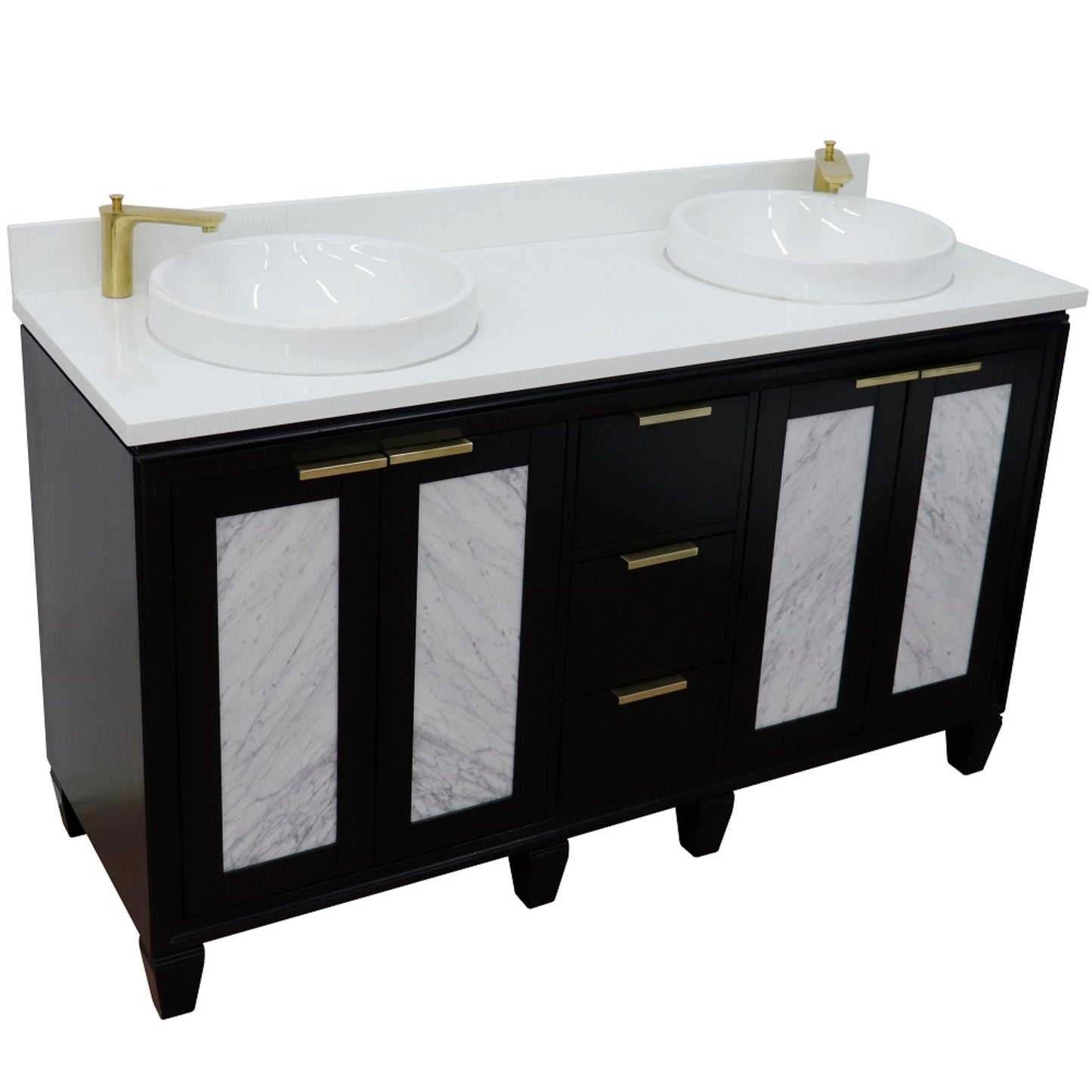 61" Double sink vanity in Black finish with White engineered stone and round sink