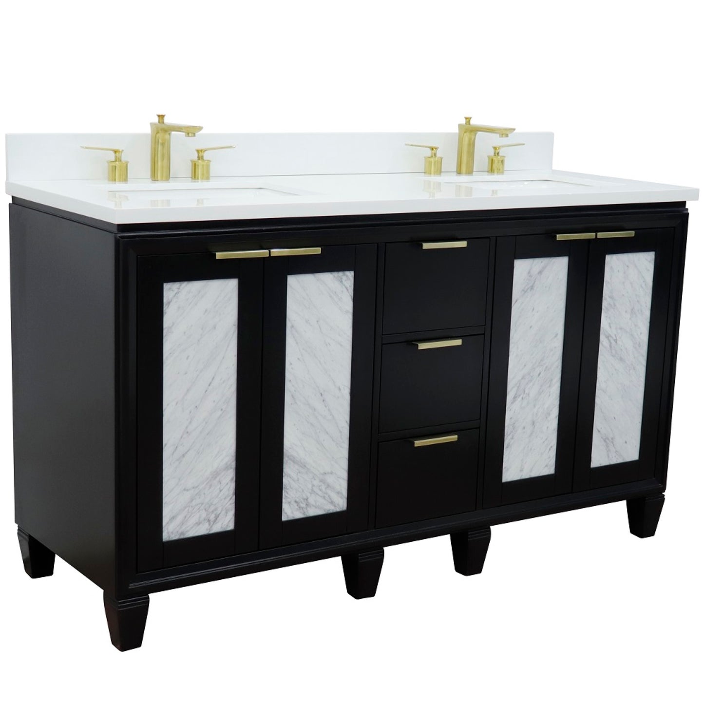 61" Double sink vanity in Black finish with White engineered stone and rectangle sink