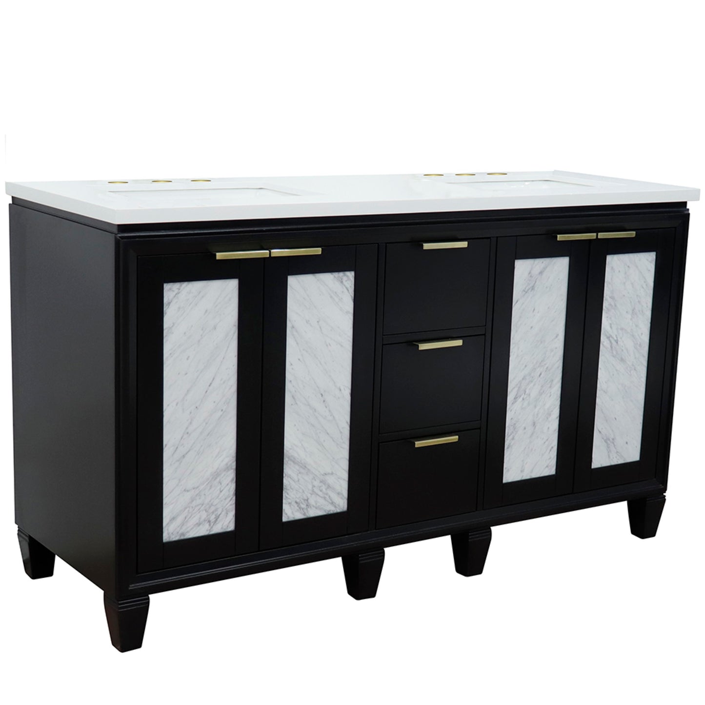 61" Double sink vanity in Black finish with White engineered stone and rectangle sink