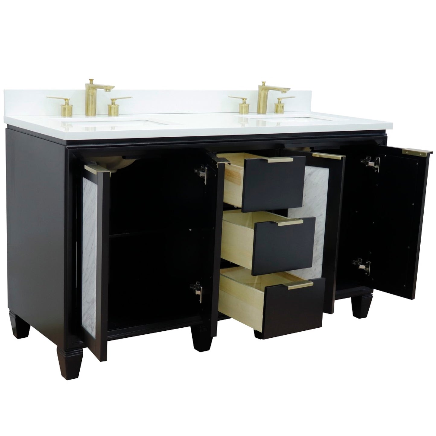 61" Double sink vanity in Black finish with White engineered stone and rectangle sink