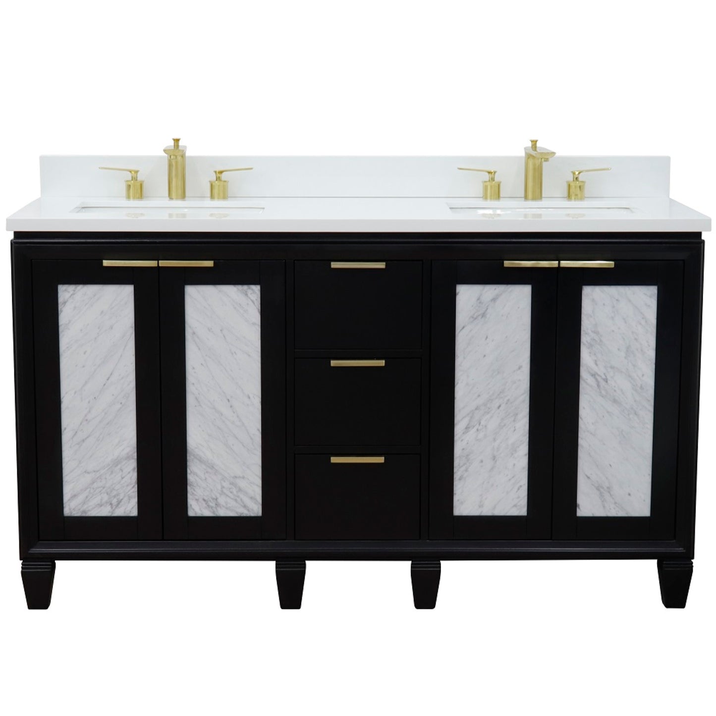 61" Double sink vanity in Black finish with White engineered stone and rectangle sink