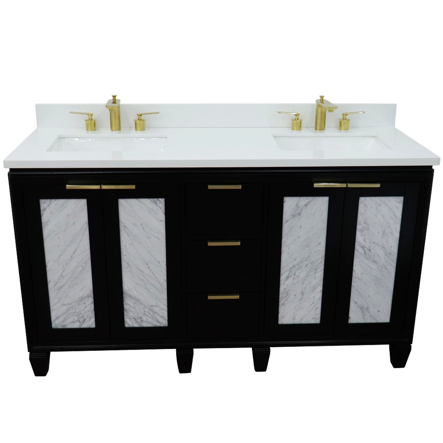 61" Double sink vanity in Black finish with White engineered stone and rectangle sink