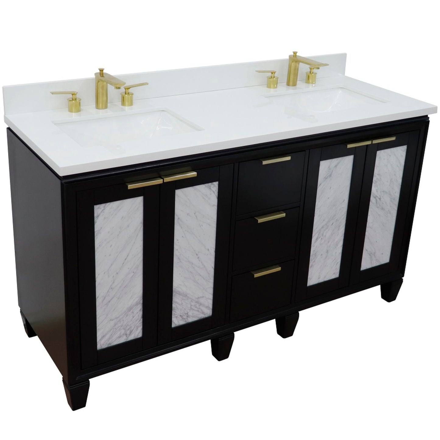 61" Double sink vanity in Black finish with White engineered stone and rectangle sink
