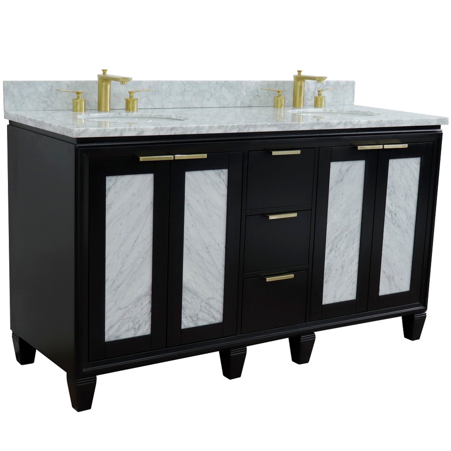 61" Double sink vanity in Black finish with White Carrara marble and oval sink