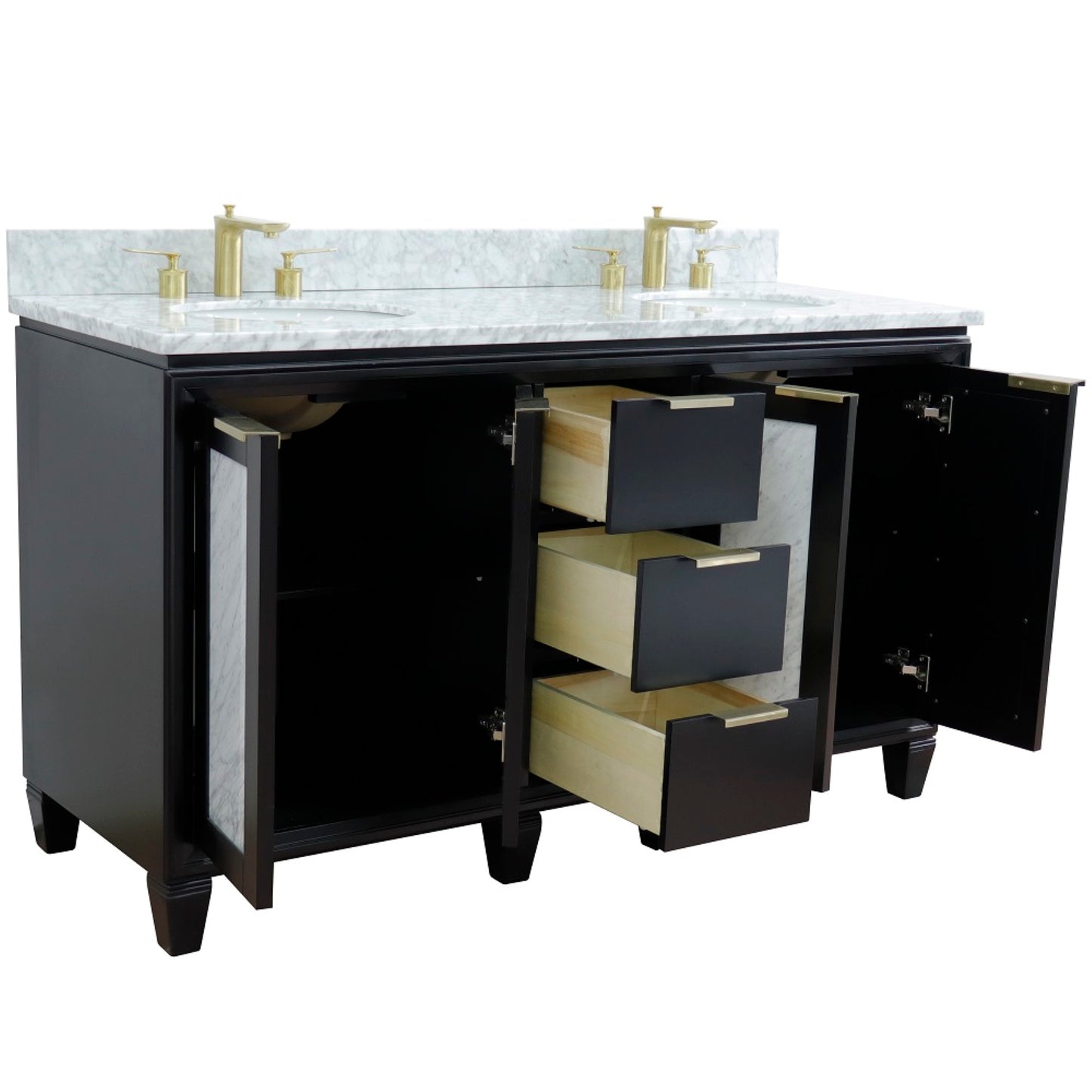 61" Double sink vanity in Black finish with White Carrara marble and oval sink