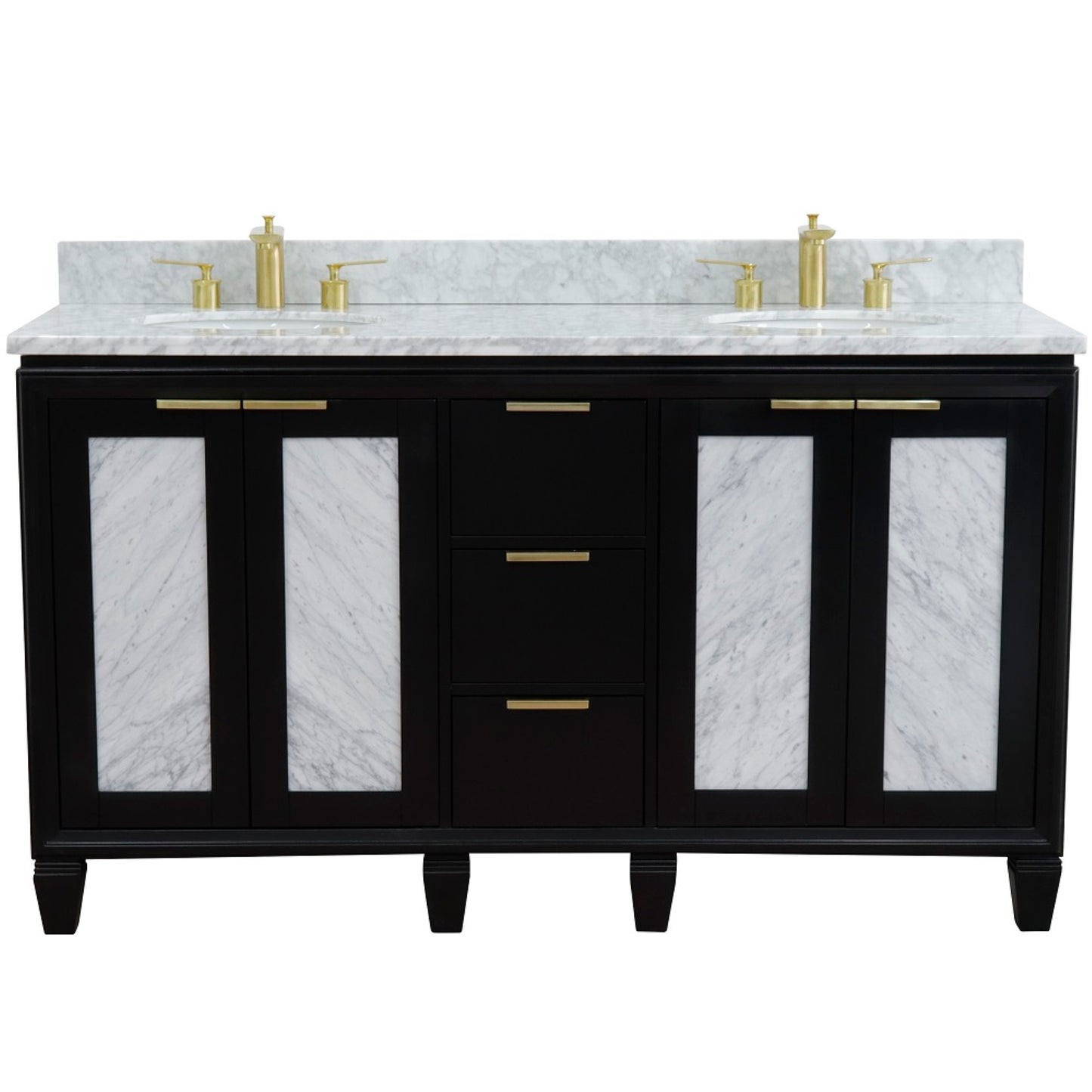 61" Double sink vanity in Black finish with White Carrara marble and oval sink