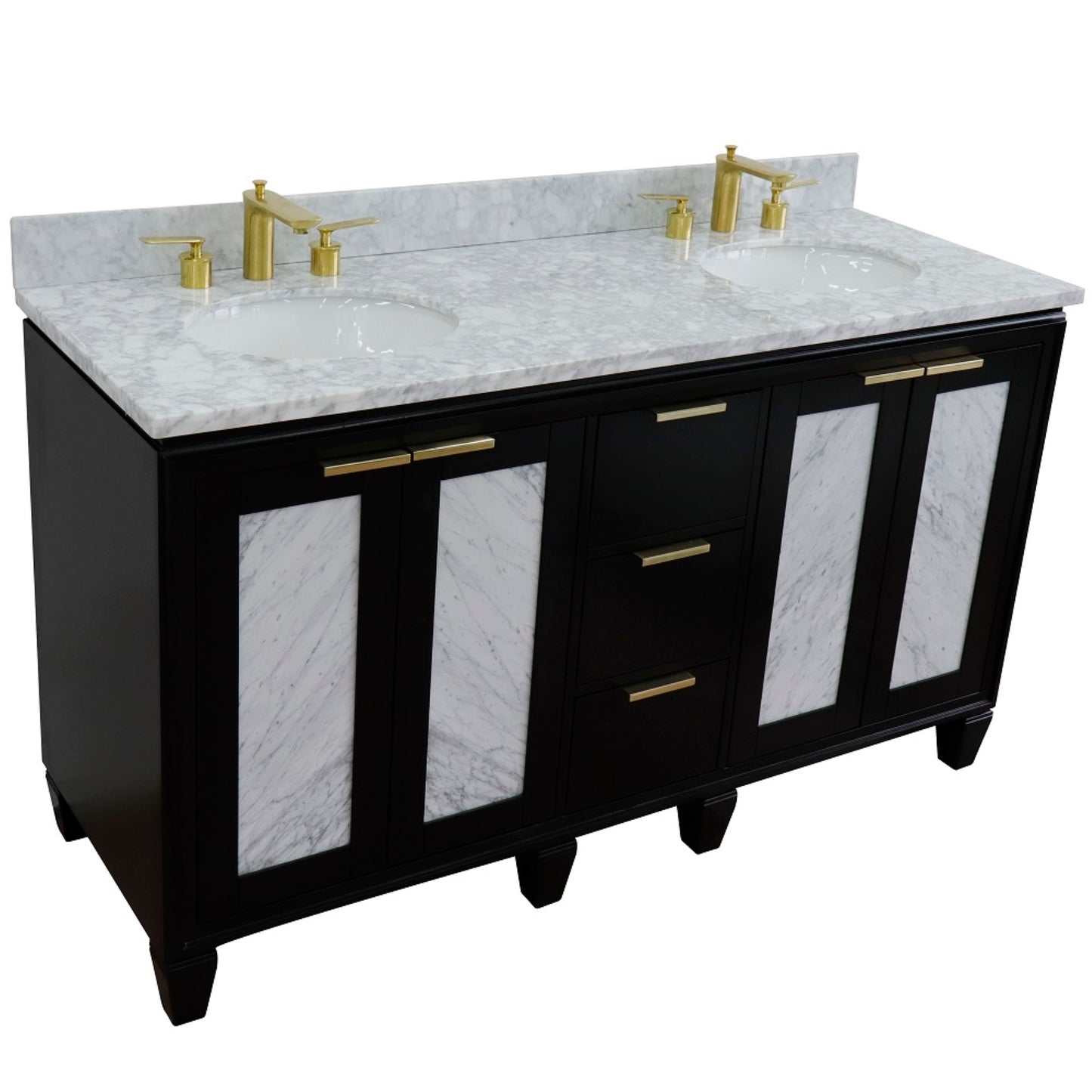 61" Double sink vanity in Black finish with White Carrara marble and oval sink