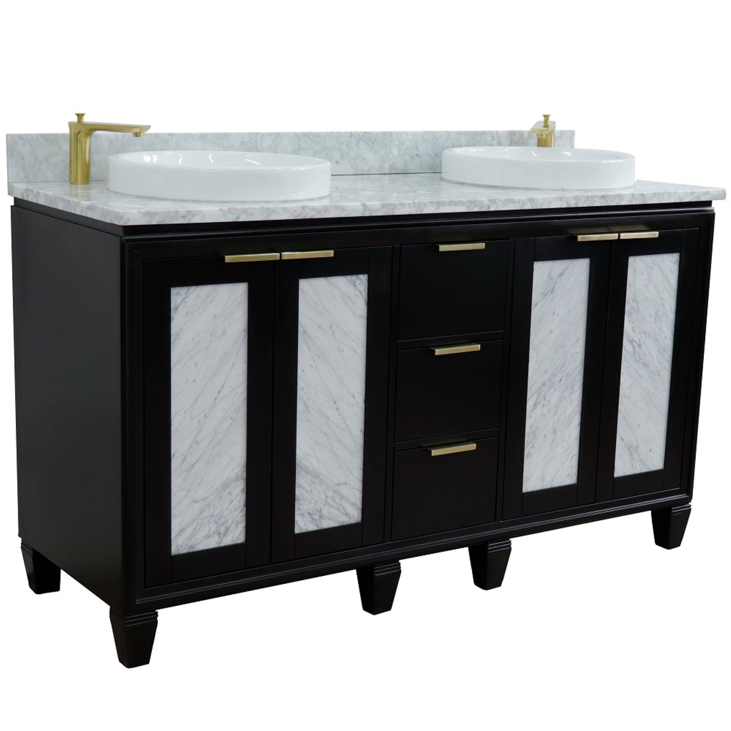 61" Double sink vanity in Black finish with White Carrara marble and round sink