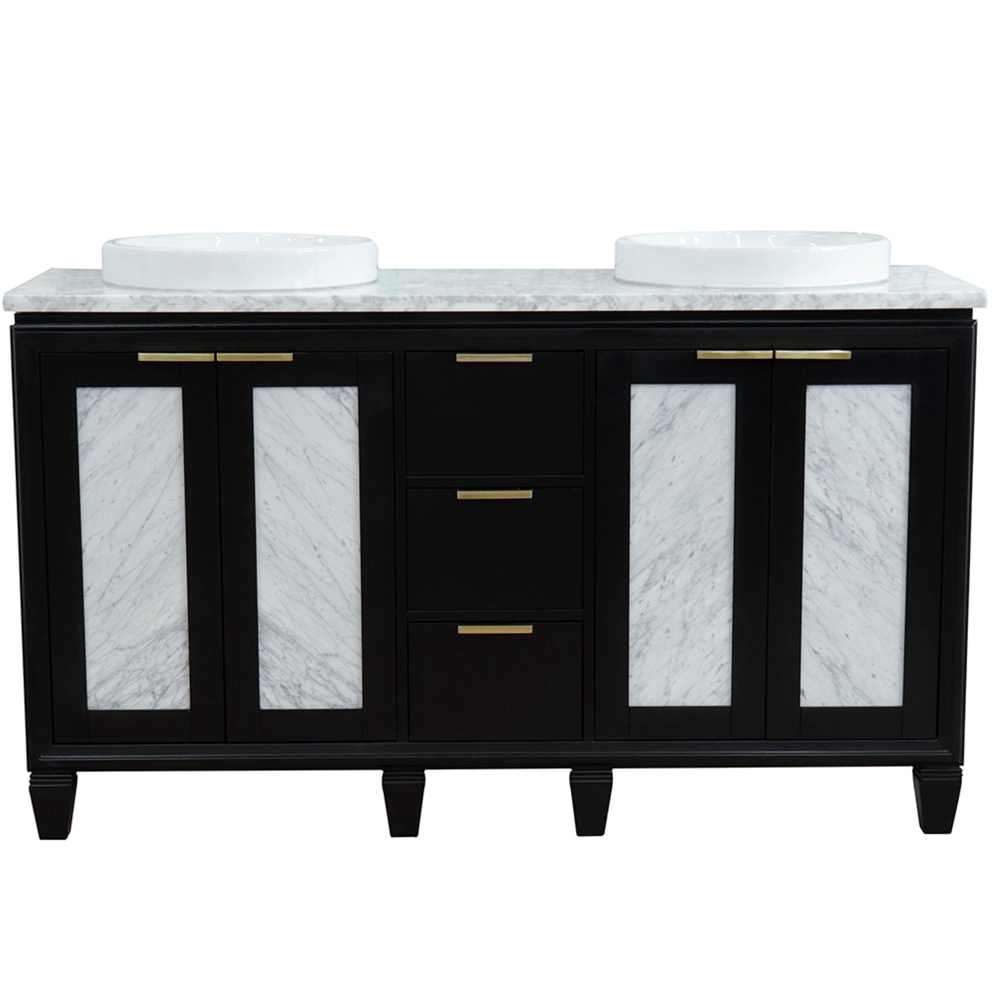 61" Double sink vanity in Black finish with White Carrara marble and round sink