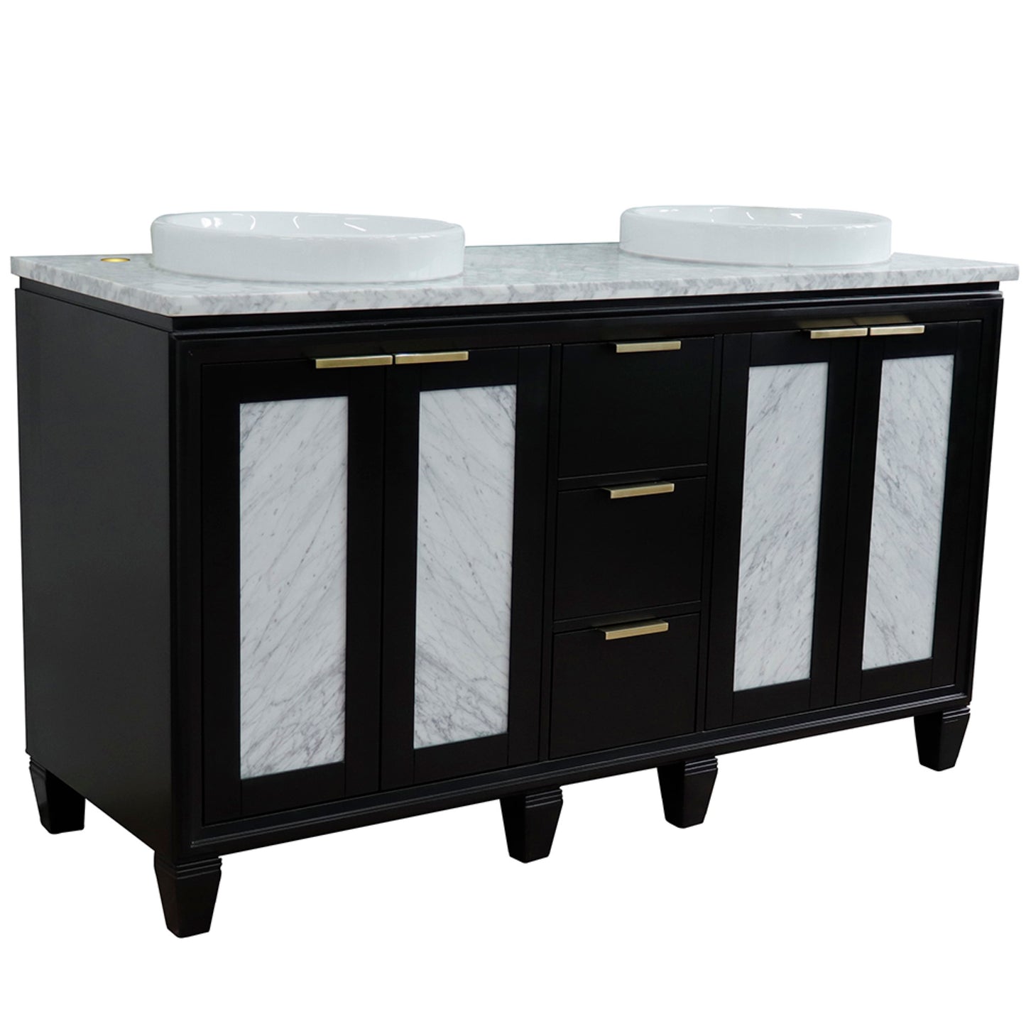 61" Double sink vanity in Black finish with White Carrara marble and round sink