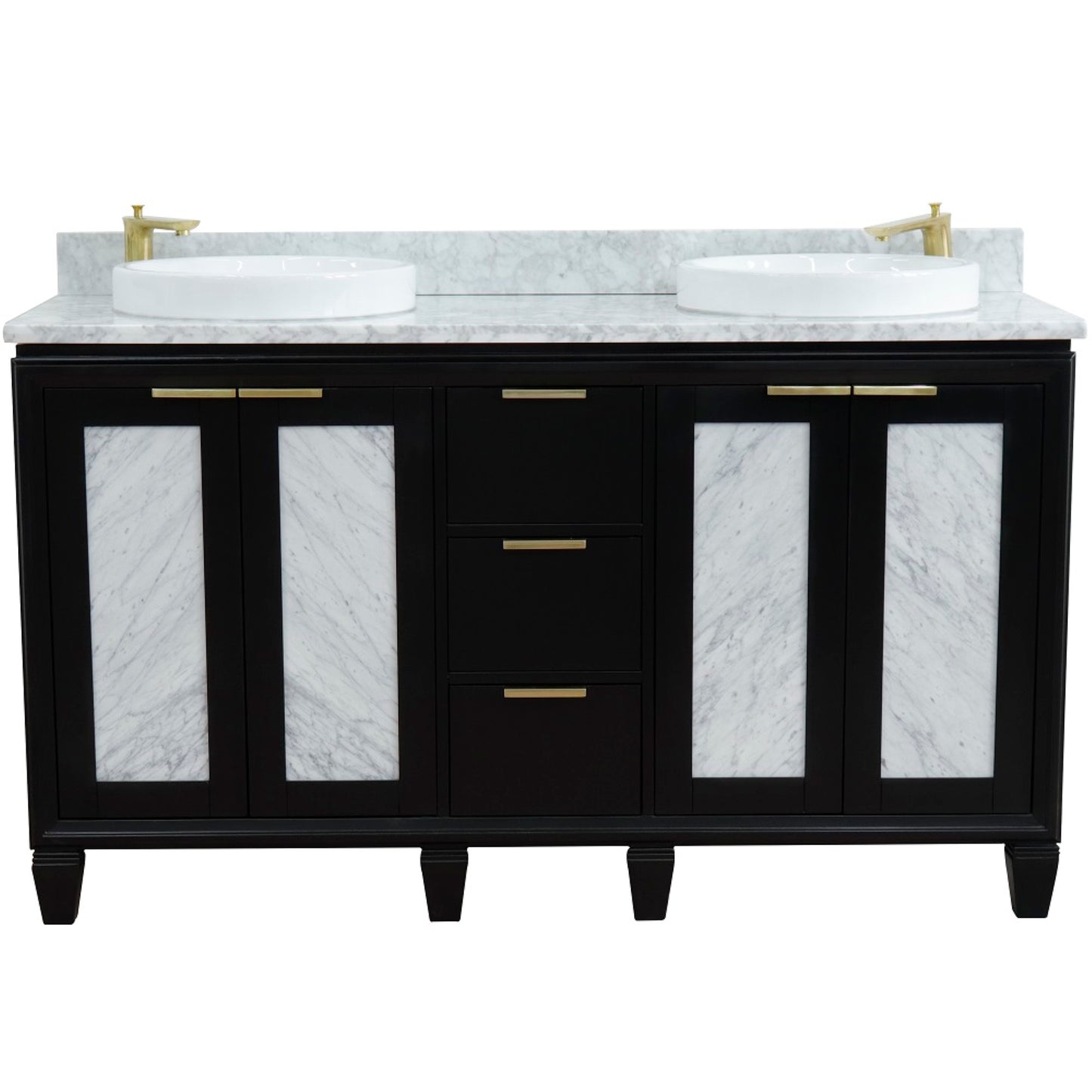 61" Double sink vanity in Black finish with White Carrara marble and round sink