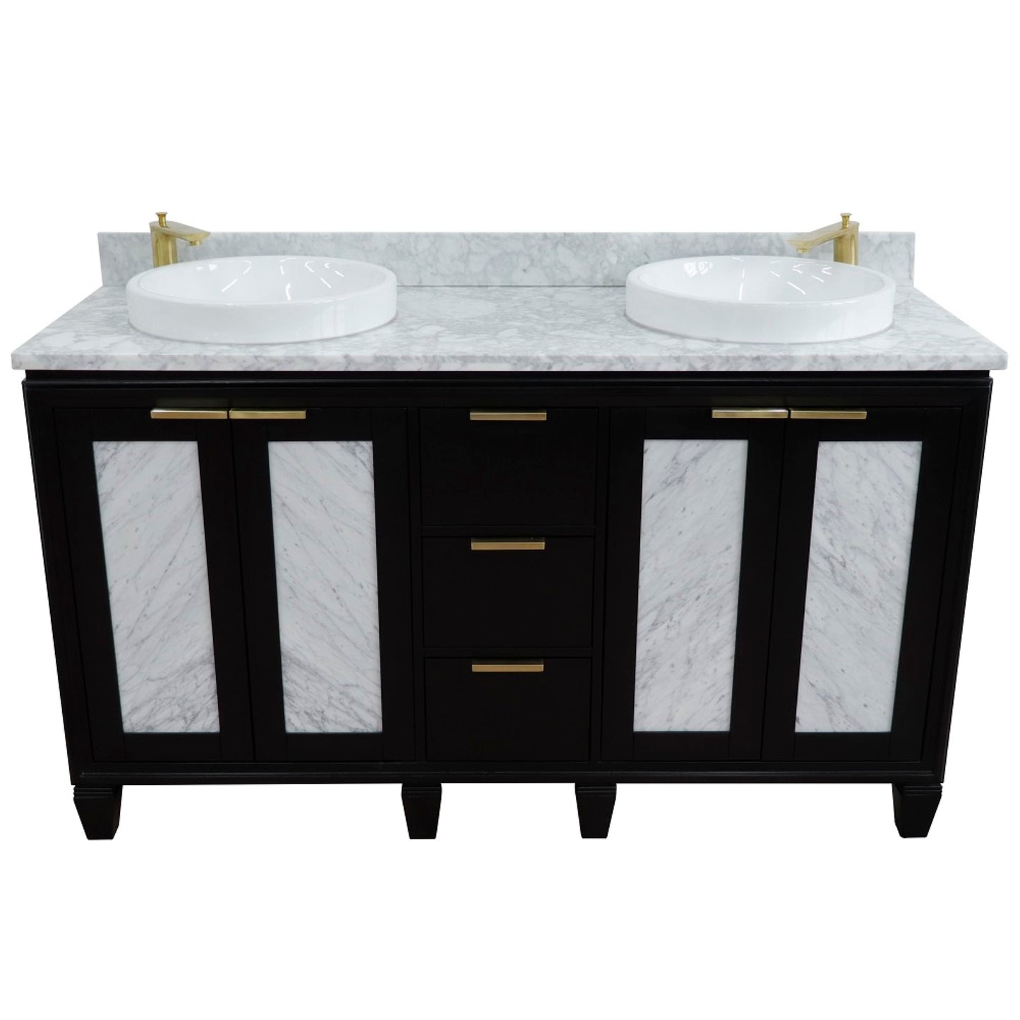 61" Double sink vanity in Black finish with White Carrara marble and round sink