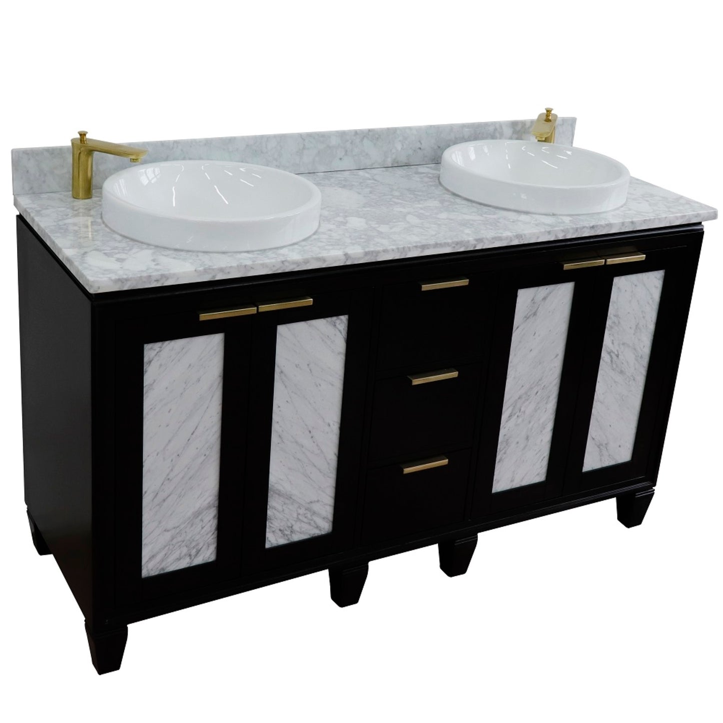 61" Double sink vanity in Black finish with White Carrara marble and round sink