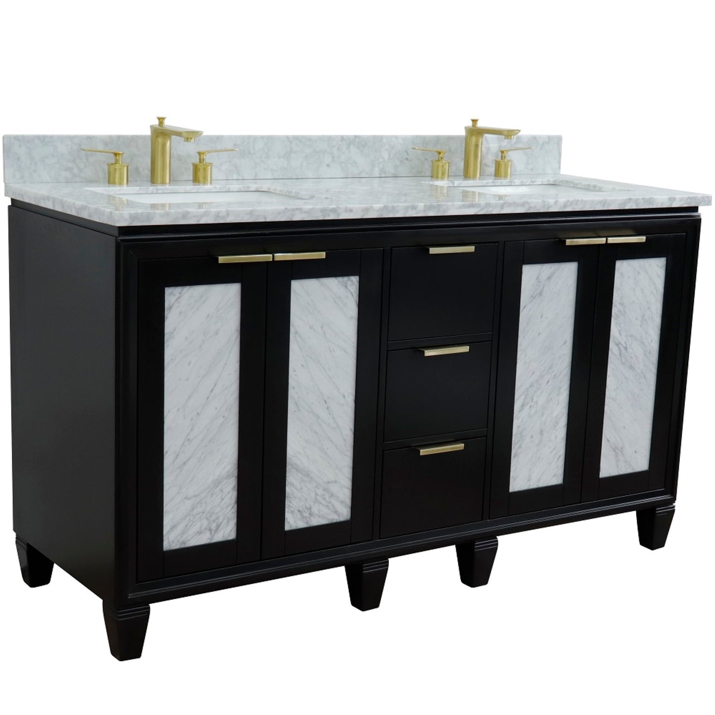 61" Double sink vanity in Black finish with White Carrara marble and rectangle sink