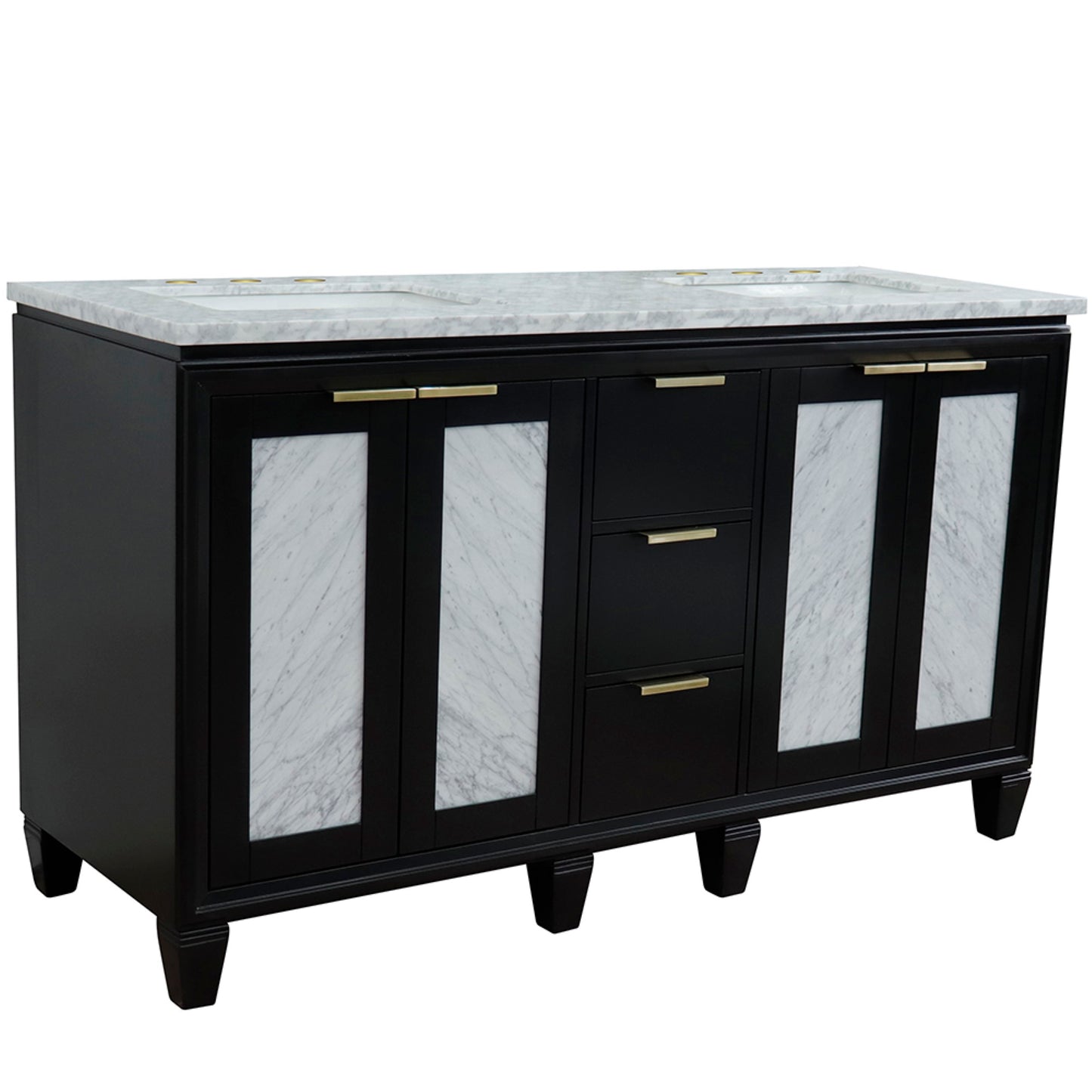 61" Double sink vanity in Black finish with White Carrara marble and rectangle sink