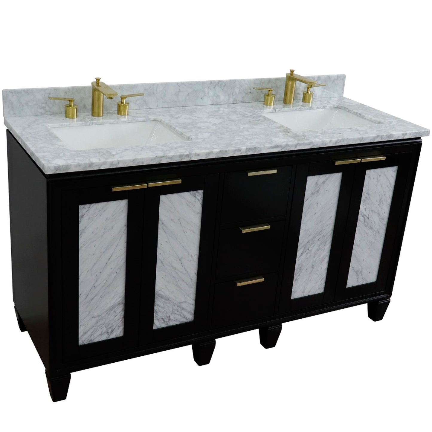 61" Double sink vanity in Black finish with White Carrara marble and rectangle sink