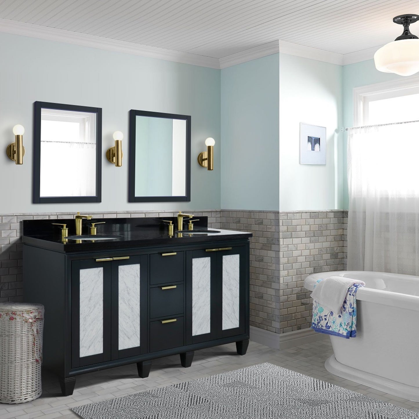 61" Double sink vanity in Dark Gray finish with Black galaxy granite and oval sink