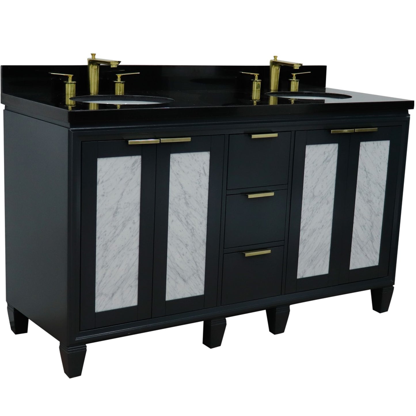 61" Double sink vanity in Dark Gray finish with Black galaxy granite and oval sink