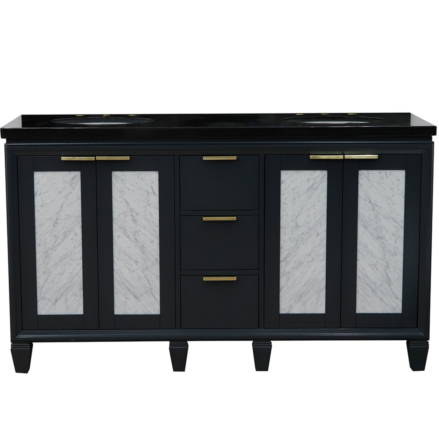 61" Double sink vanity in Dark Gray finish with Black galaxy granite and oval sink