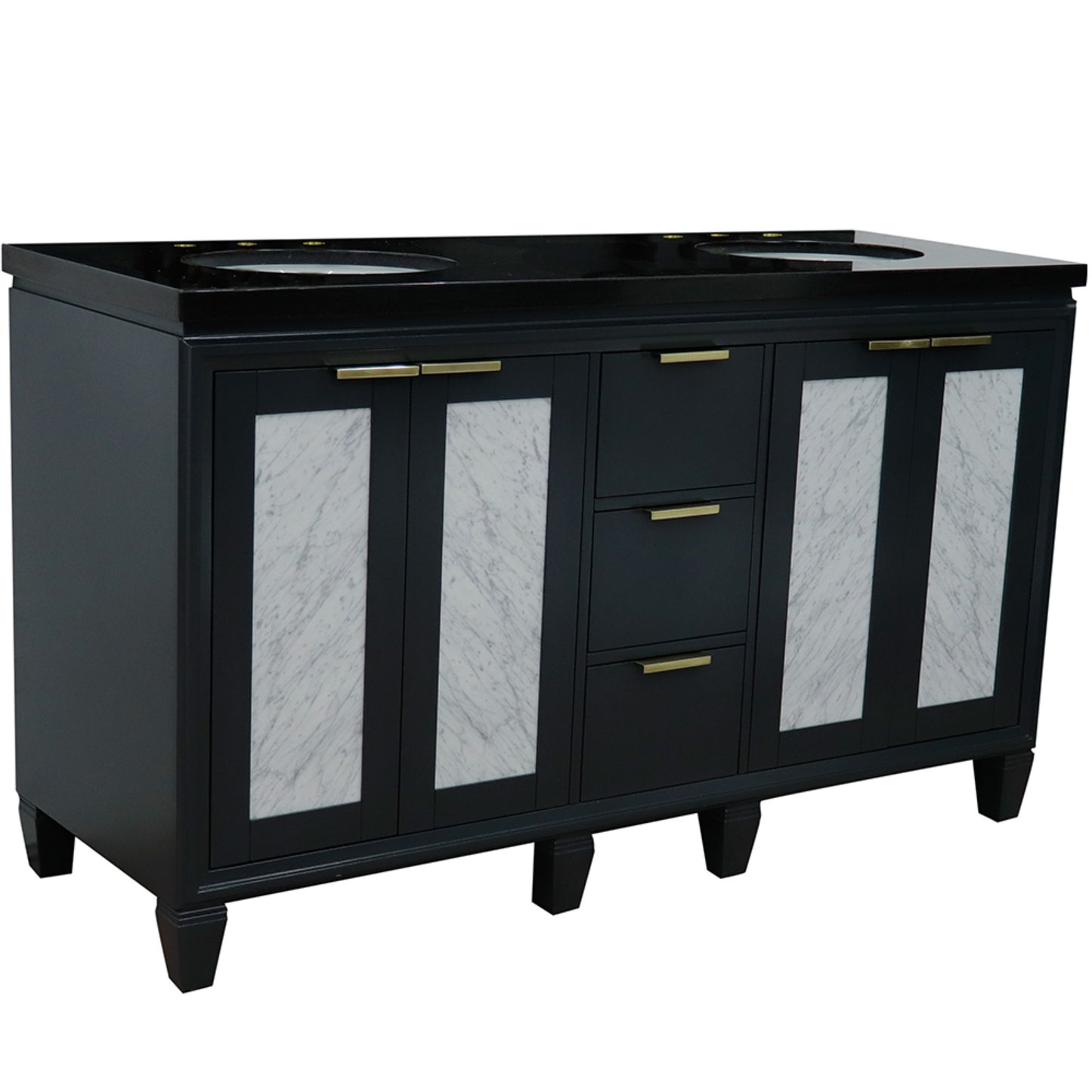 61" Double sink vanity in Dark Gray finish with Black galaxy granite and oval sink