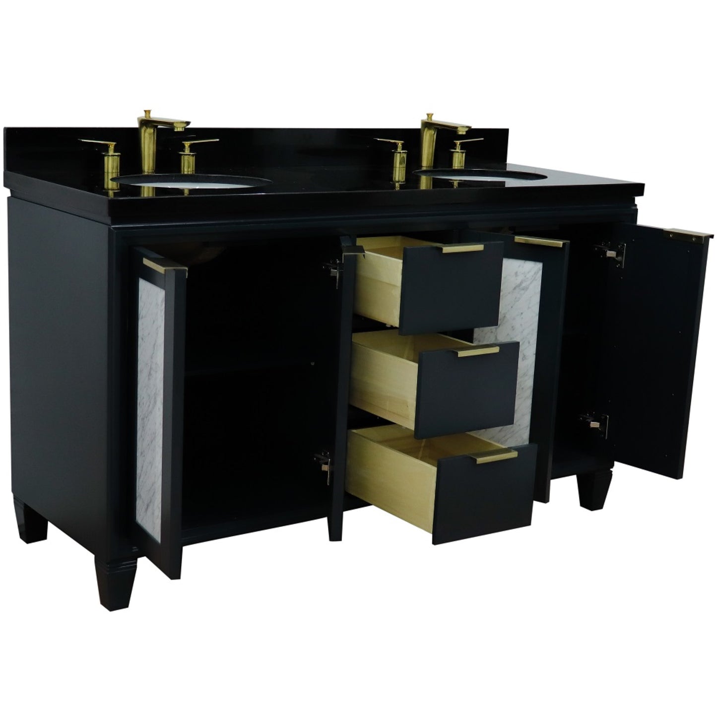61" Double sink vanity in Dark Gray finish with Black galaxy granite and oval sink
