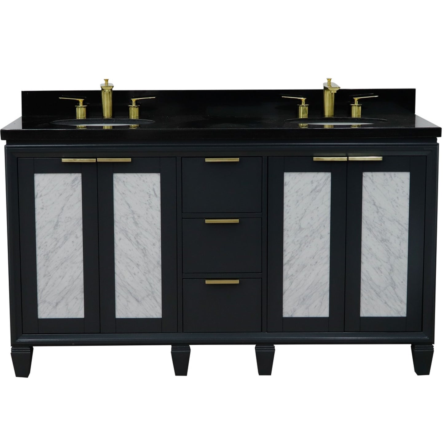 61" Double sink vanity in Dark Gray finish with Black galaxy granite and oval sink