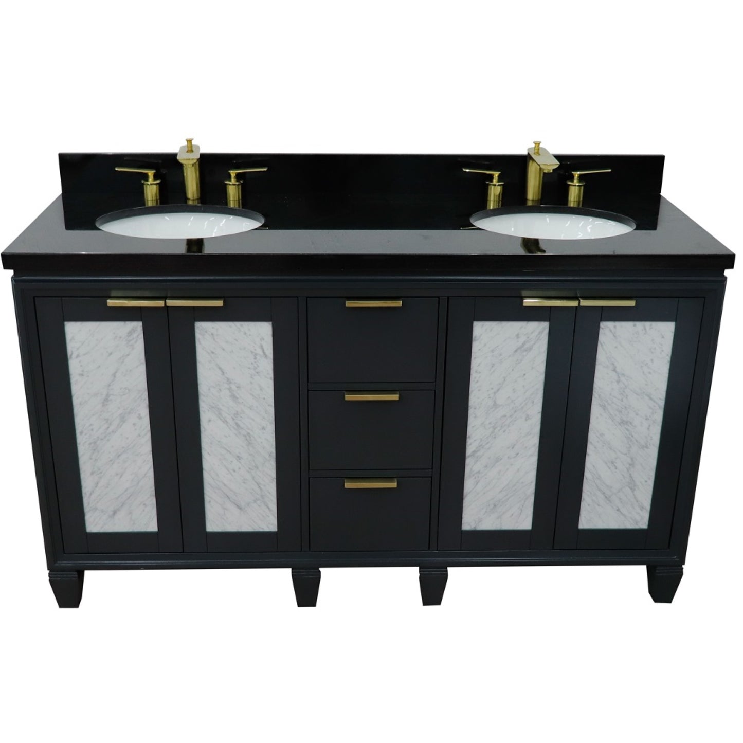 61" Double sink vanity in Dark Gray finish with Black galaxy granite and oval sink