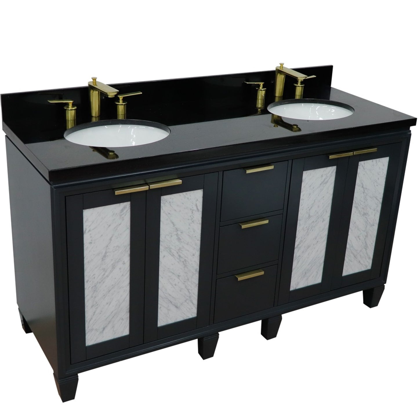 61" Double sink vanity in Dark Gray finish with Black galaxy granite and oval sink