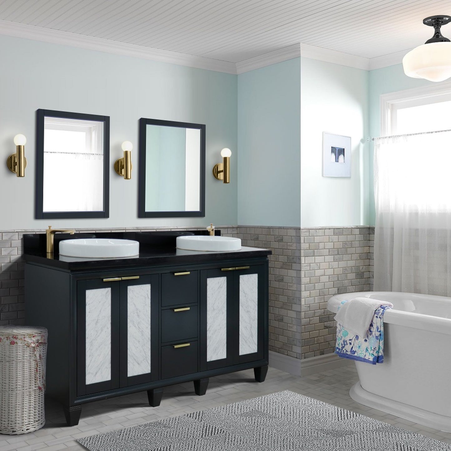 61" Double sink vanity in Dark Gray finish with Black galaxy granite and round sink