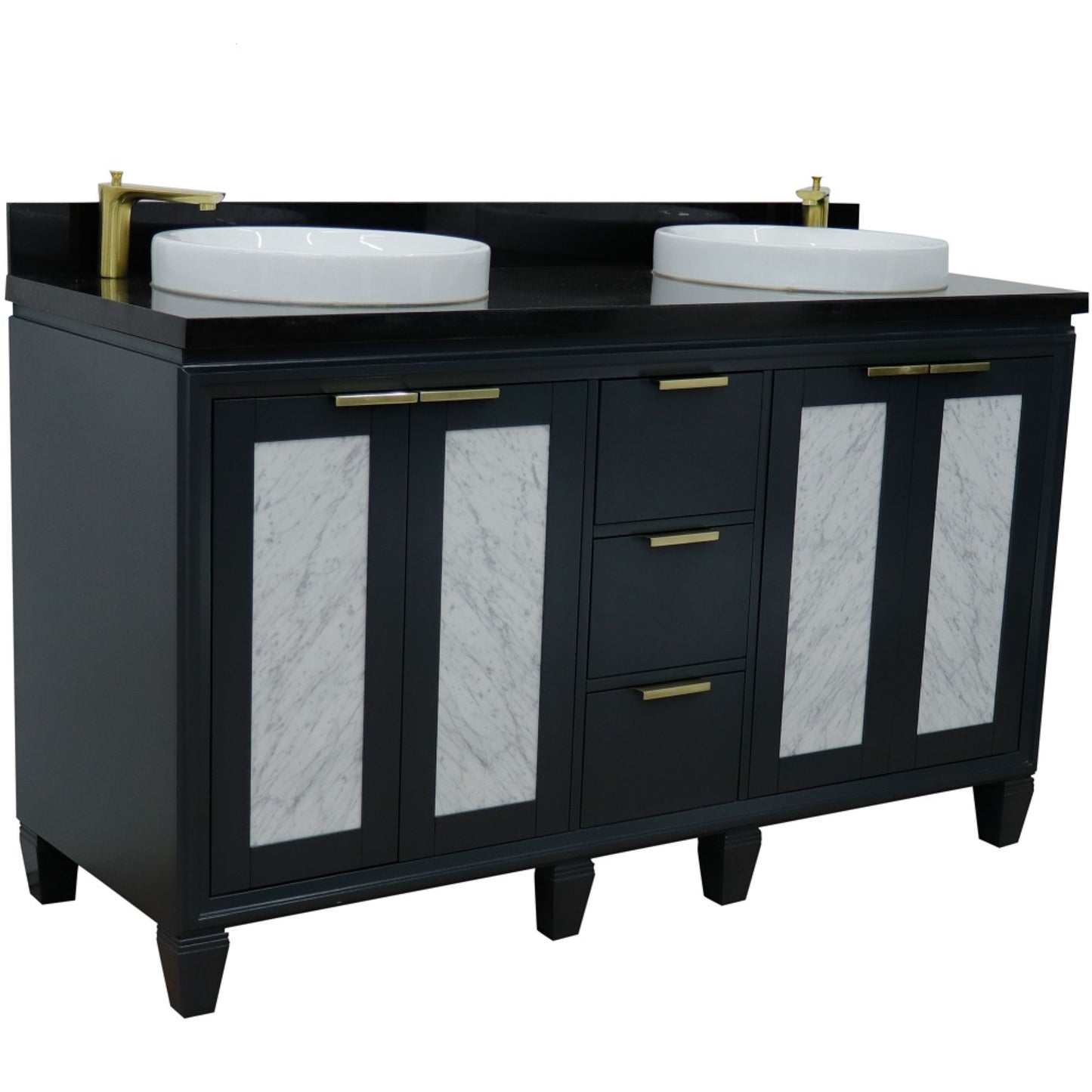 61" Double sink vanity in Dark Gray finish with Black galaxy granite and round sink