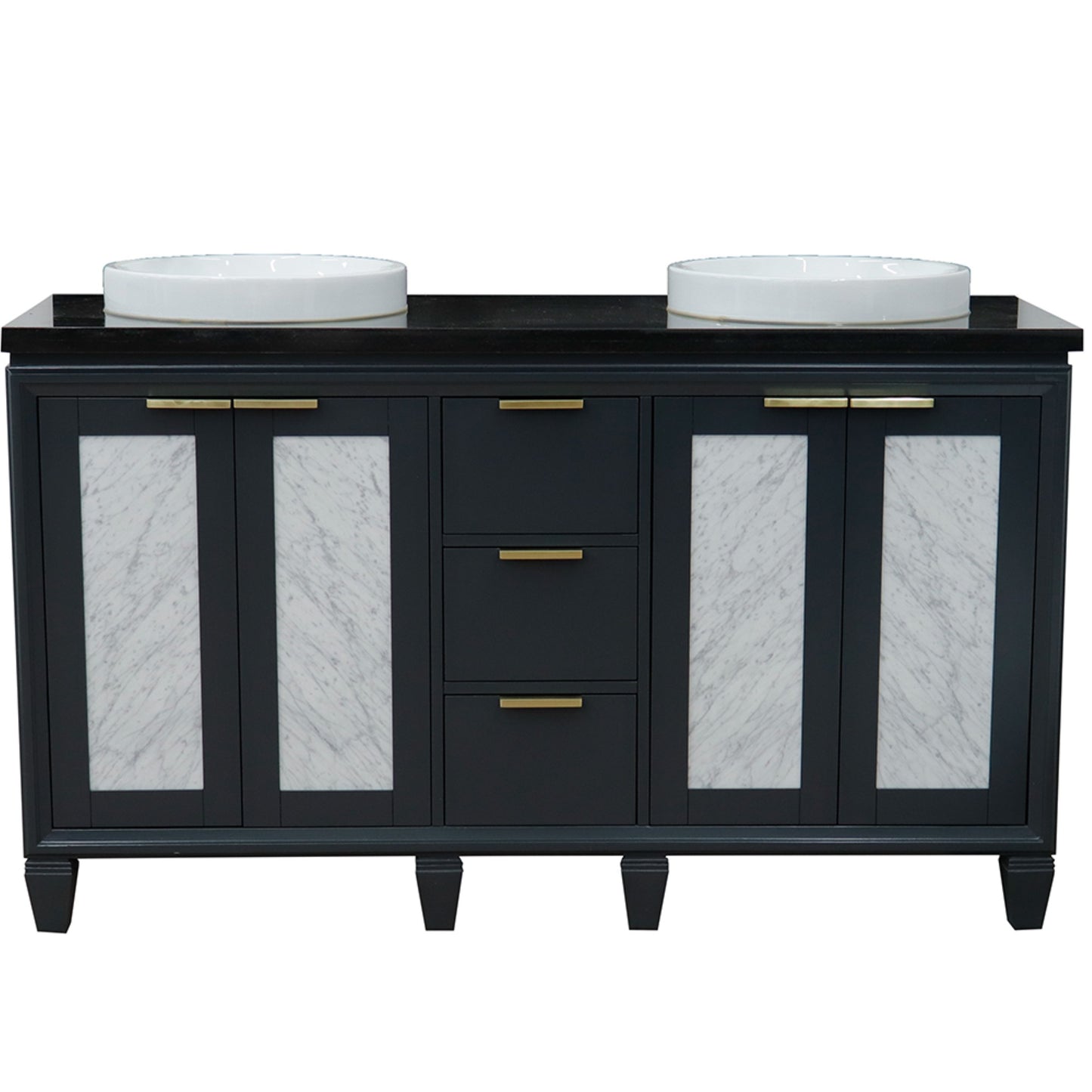 61" Double sink vanity in Dark Gray finish with Black galaxy granite and round sink