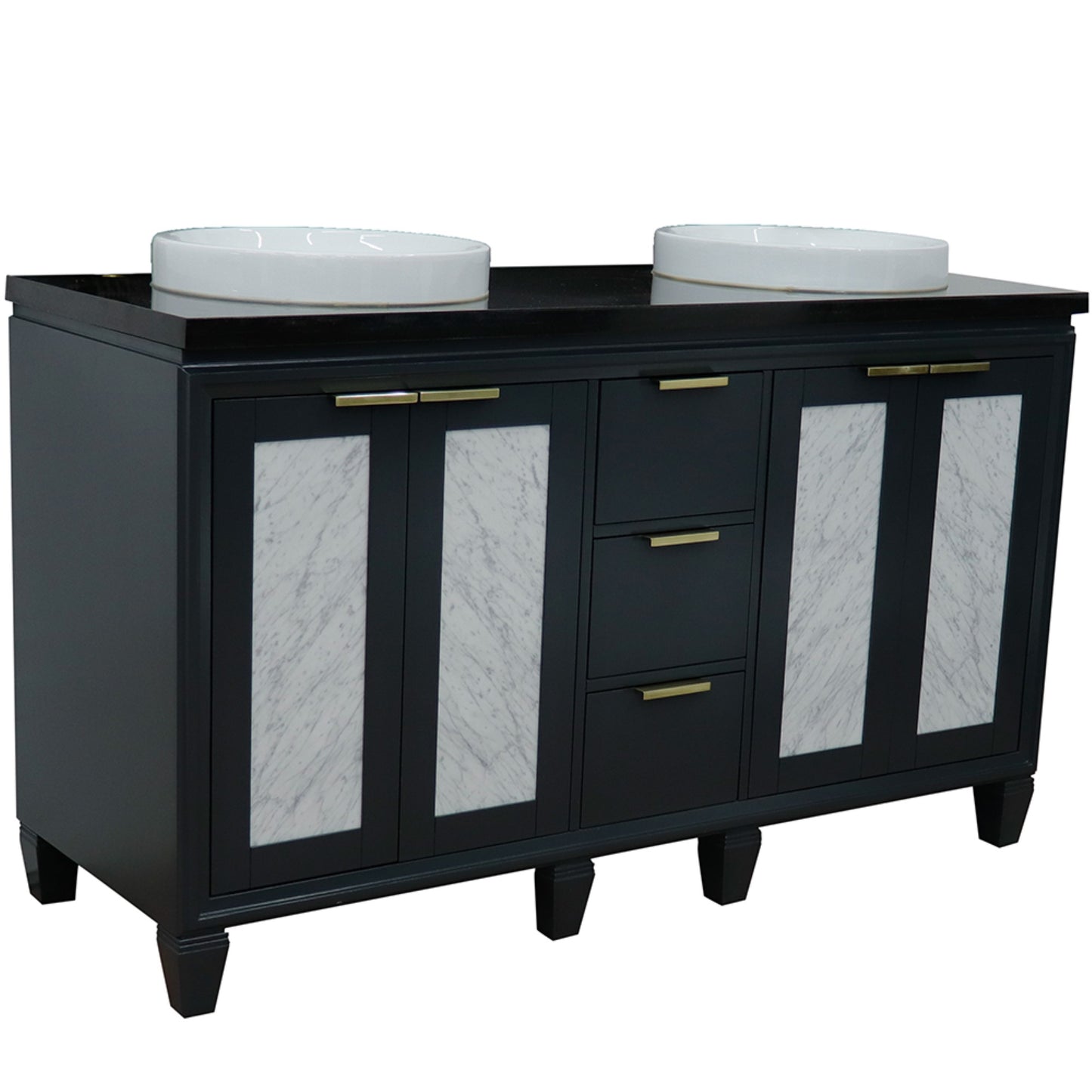 61" Double sink vanity in Dark Gray finish with Black galaxy granite and round sink