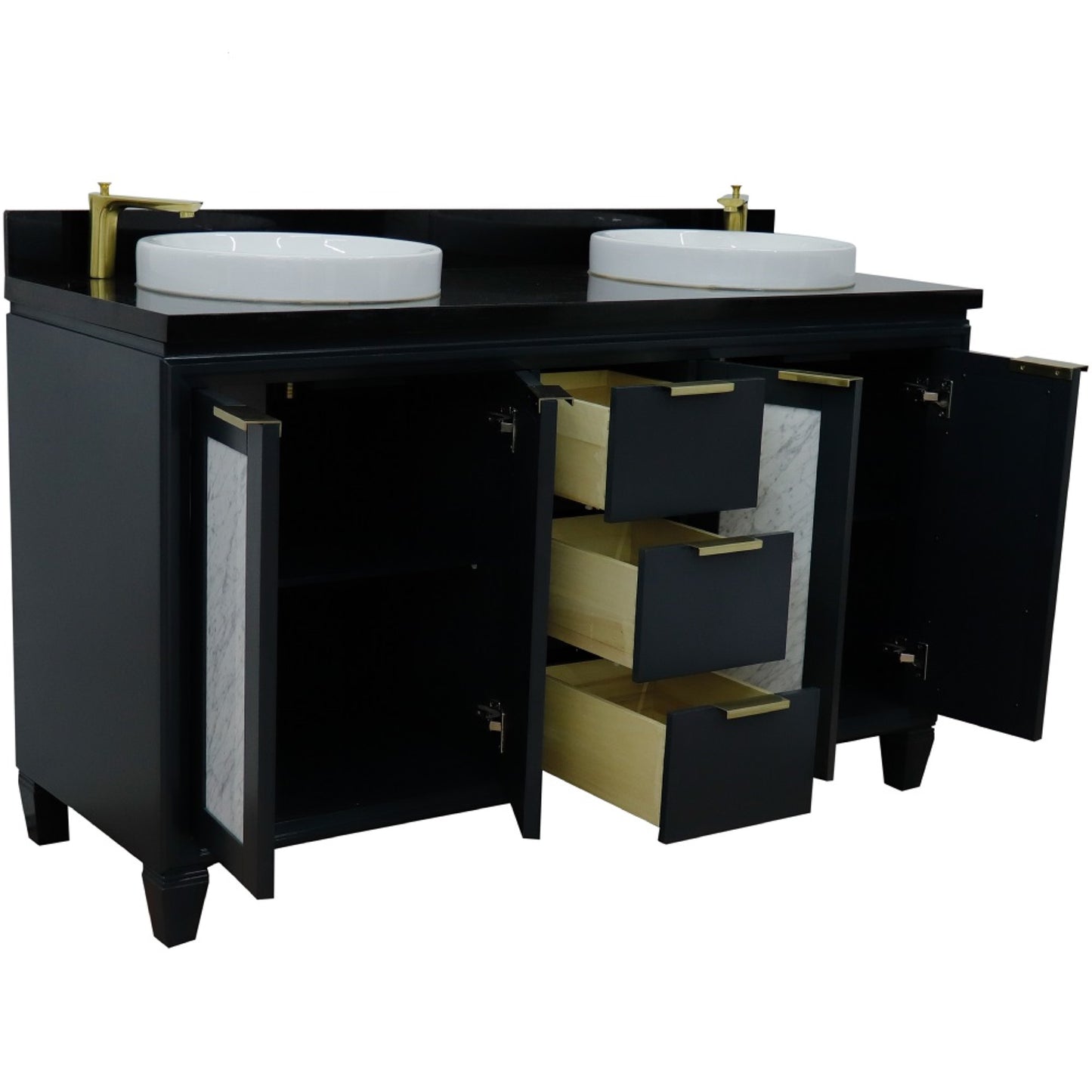 61" Double sink vanity in Dark Gray finish with Black galaxy granite and round sink