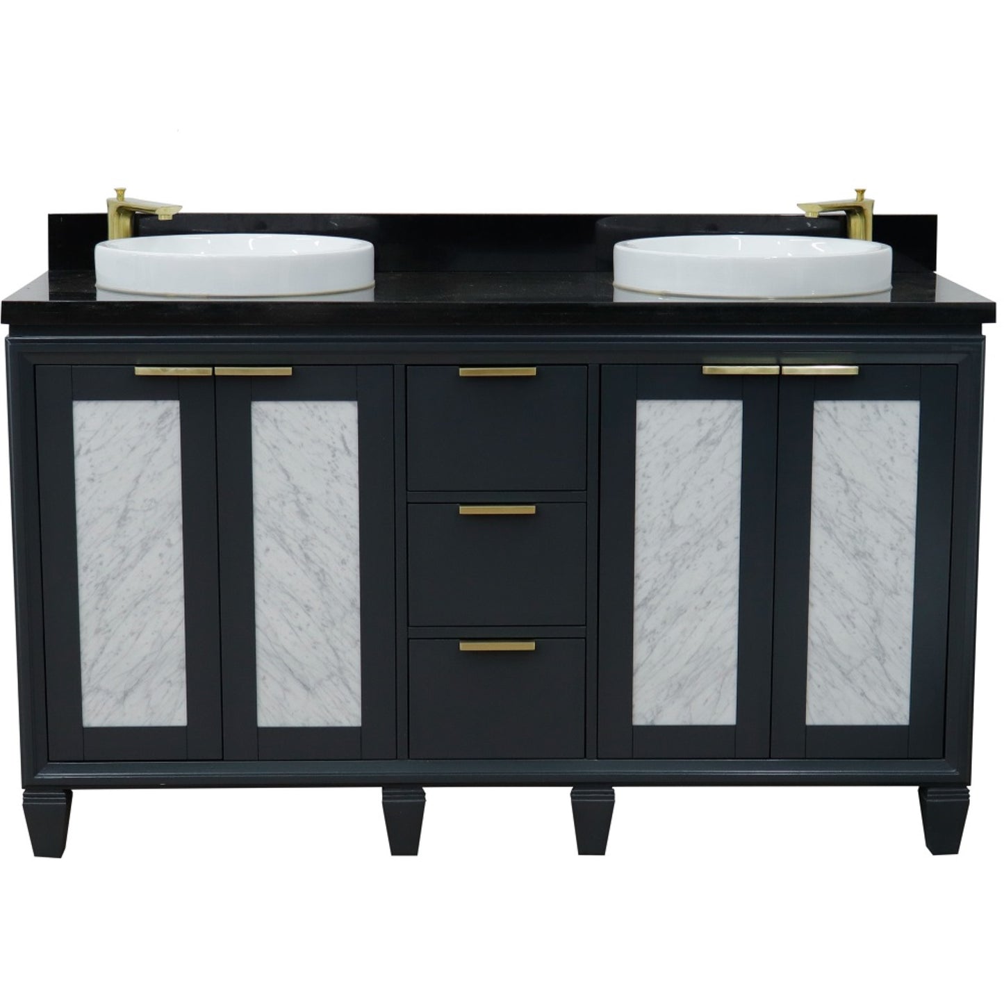 61" Double sink vanity in Dark Gray finish with Black galaxy granite and round sink