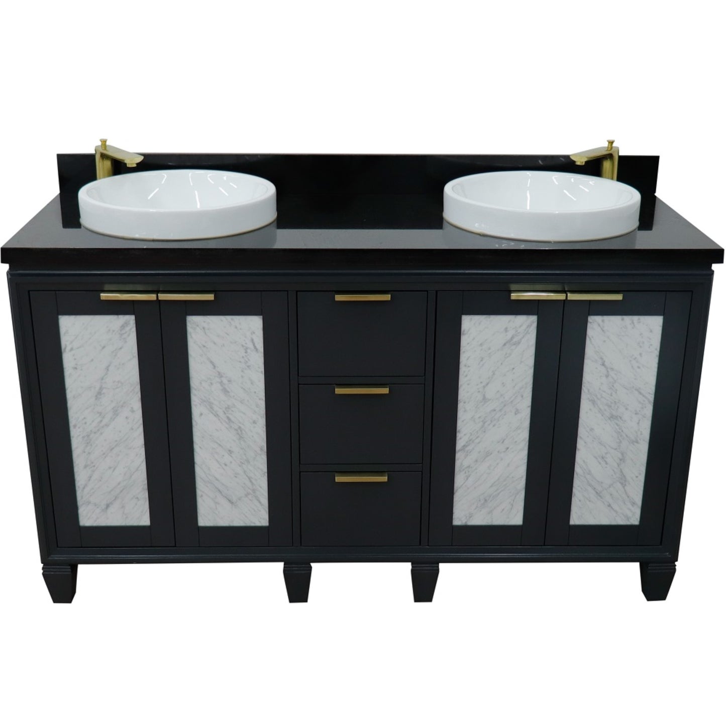 61" Double sink vanity in Dark Gray finish with Black galaxy granite and round sink
