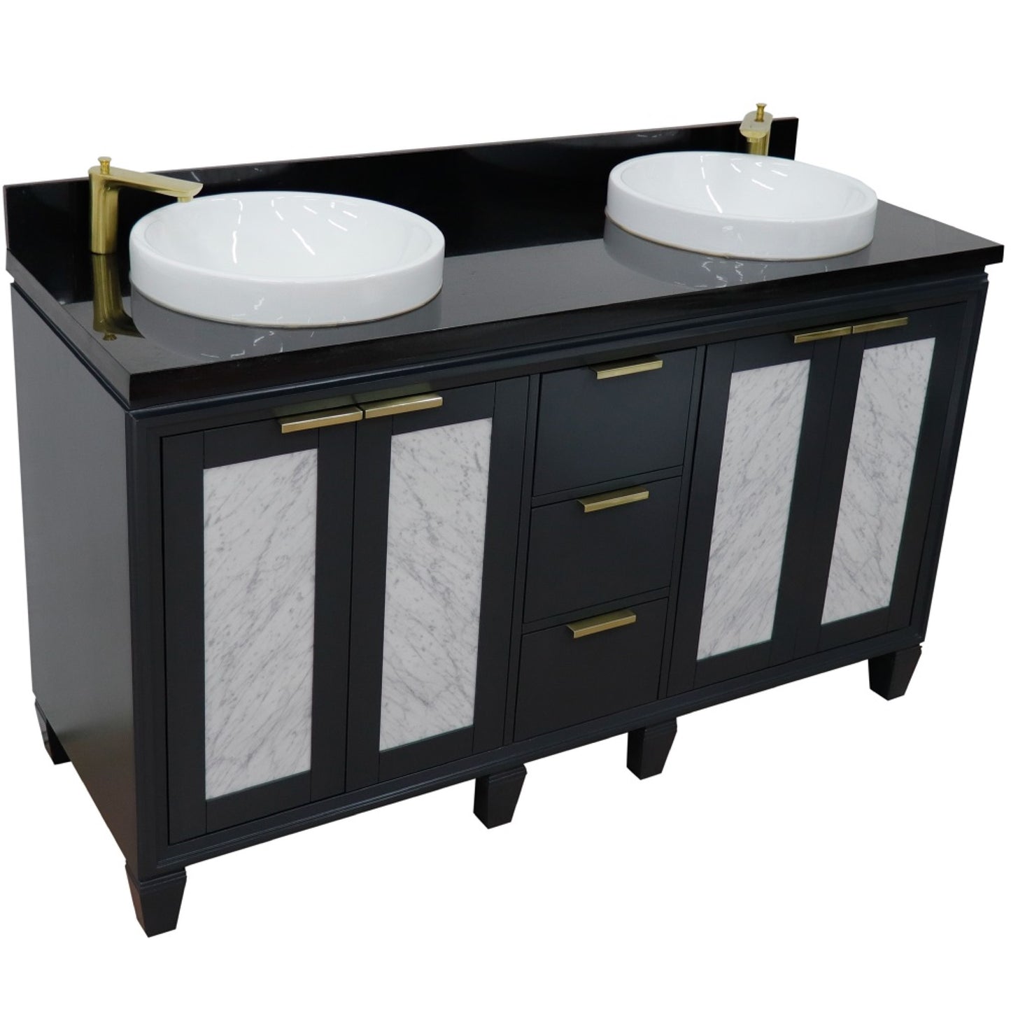 61" Double sink vanity in Dark Gray finish with Black galaxy granite and round sink
