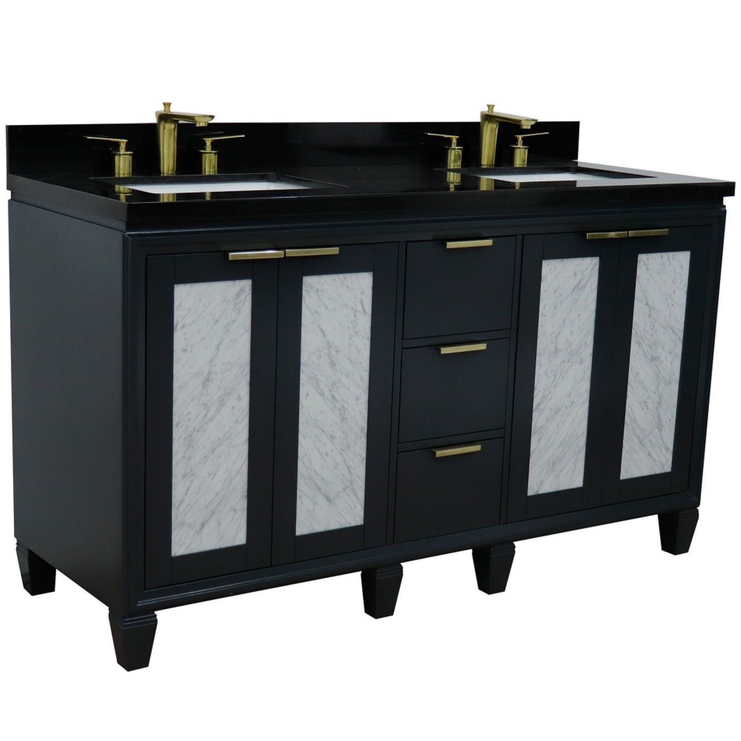 61" Double sink vanity in Dark Gray finish with Black galaxy granite and rectangle sink