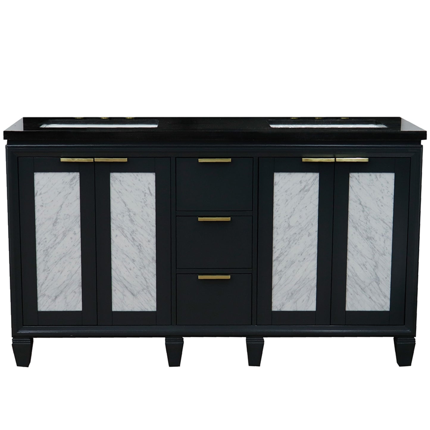 61" Double sink vanity in Dark Gray finish with Black galaxy granite and rectangle sink