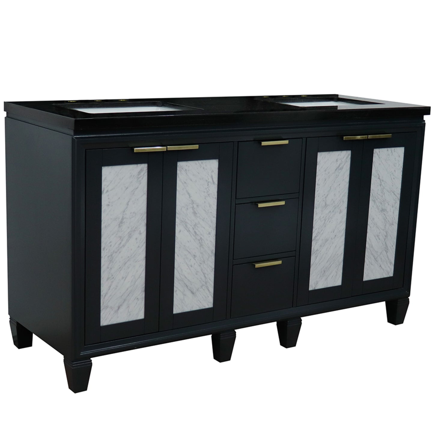 61" Double sink vanity in Dark Gray finish with Black galaxy granite and rectangle sink