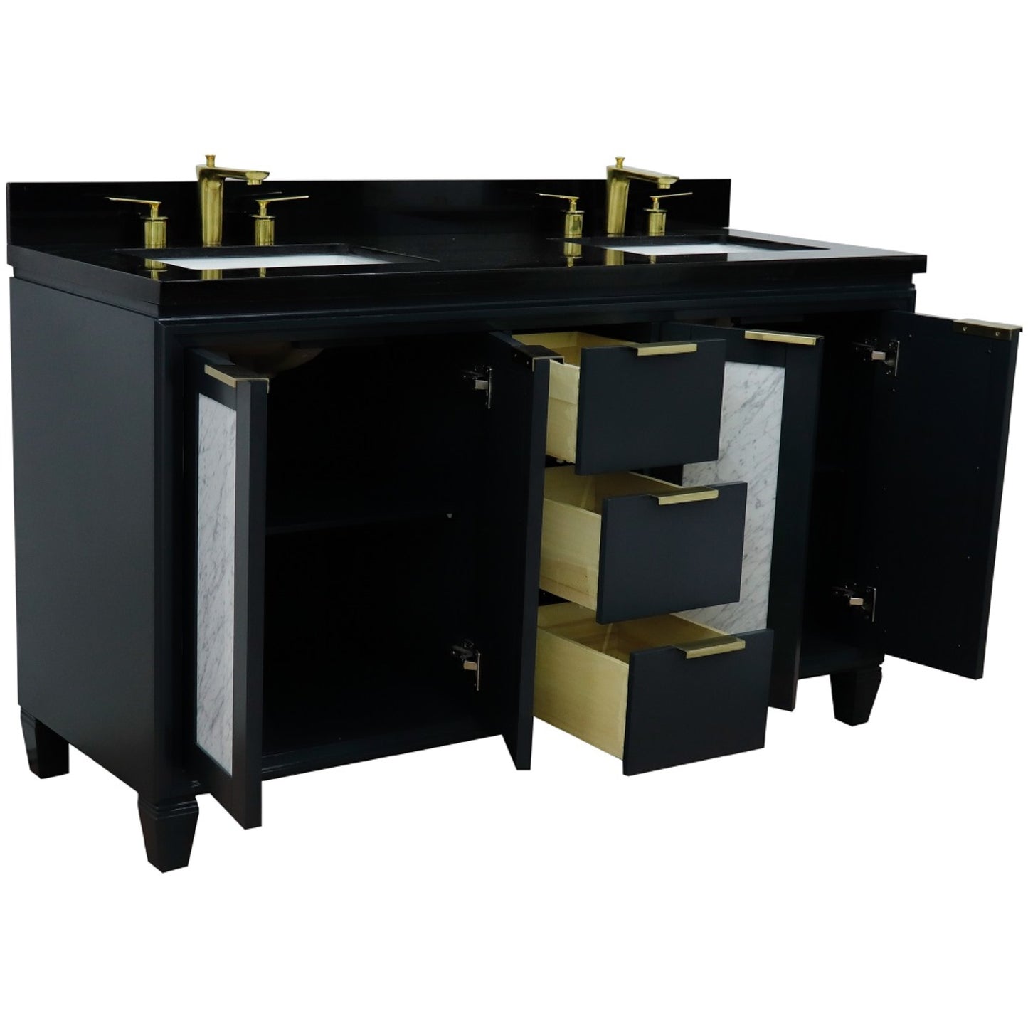 61" Double sink vanity in Dark Gray finish with Black galaxy granite and rectangle sink