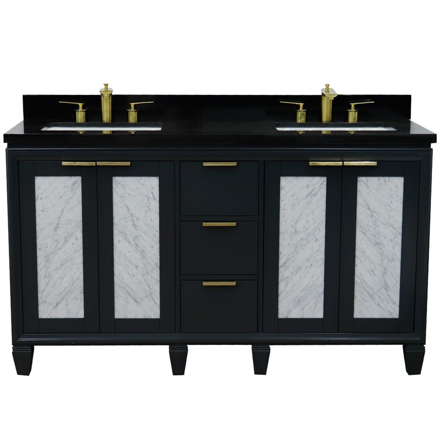 61" Double sink vanity in Dark Gray finish with Black galaxy granite and rectangle sink