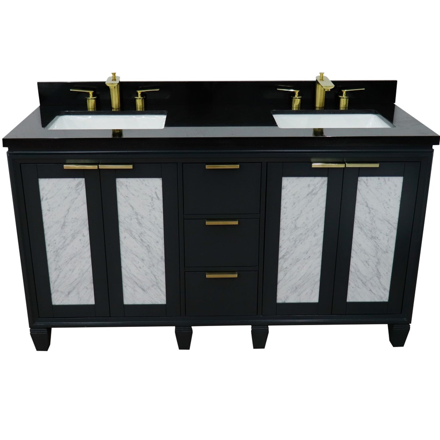 61" Double sink vanity in Dark Gray finish with Black galaxy granite and rectangle sink