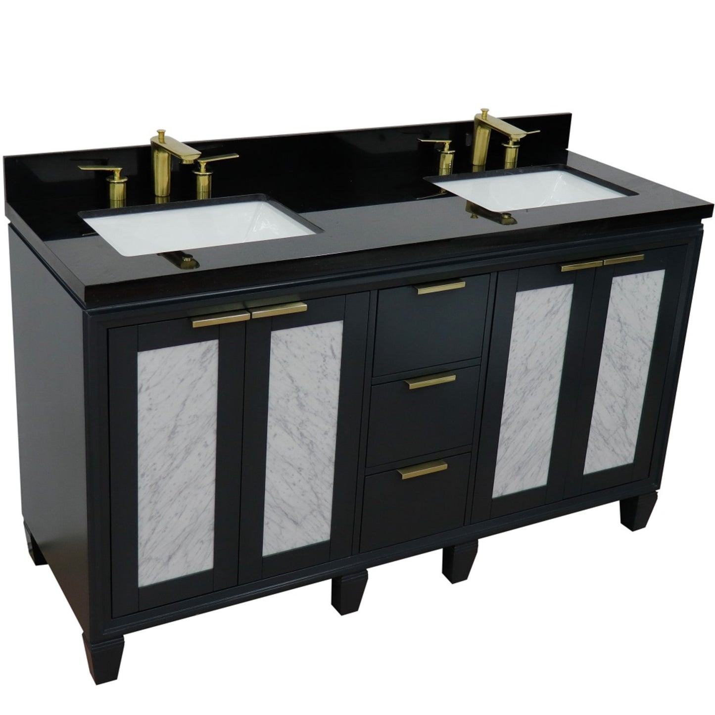 61" Double sink vanity in Dark Gray finish with Black galaxy granite and rectangle sink