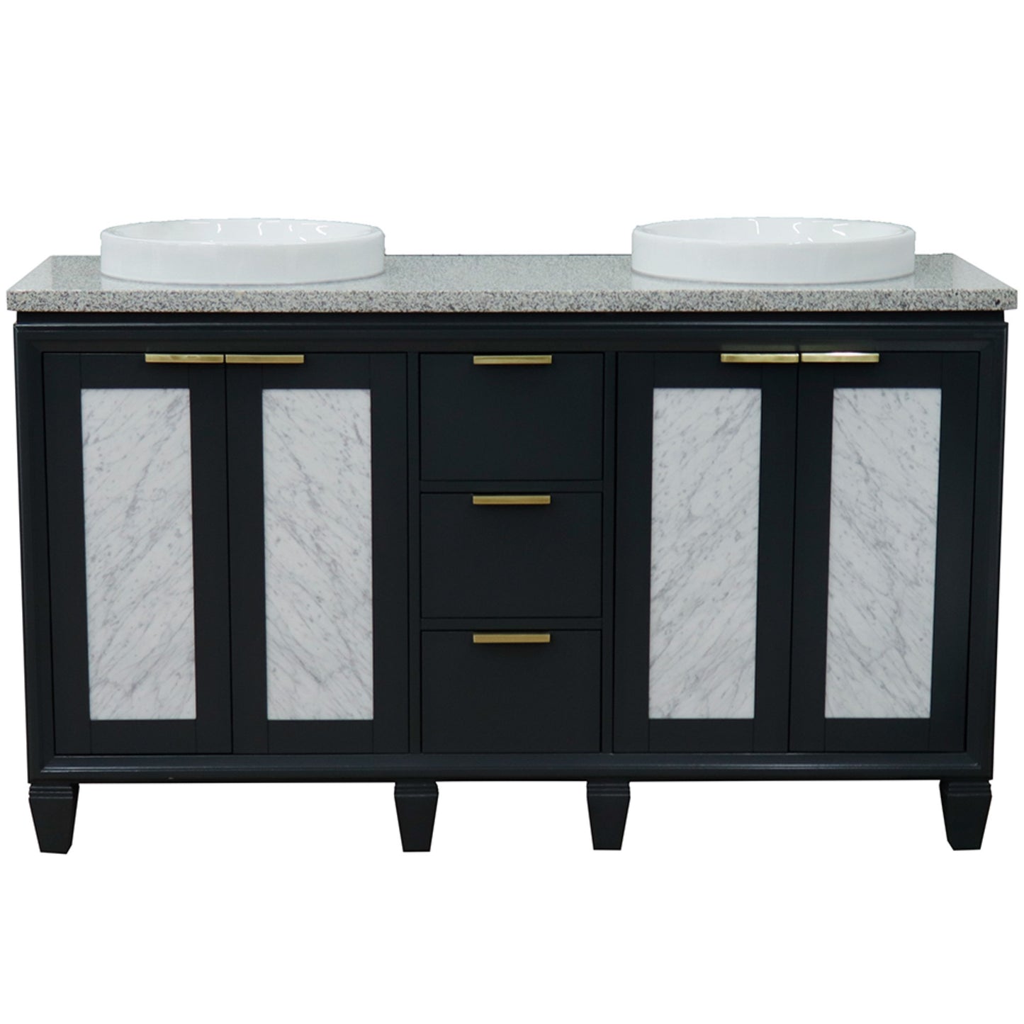 61" Double sink vanity in Dark Gray finish with Gray granite and round sink