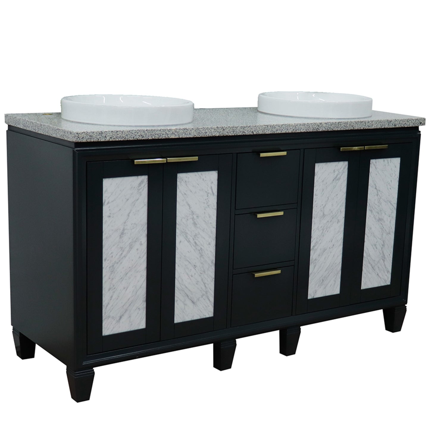 61" Double sink vanity in Dark Gray finish with Gray granite and round sink