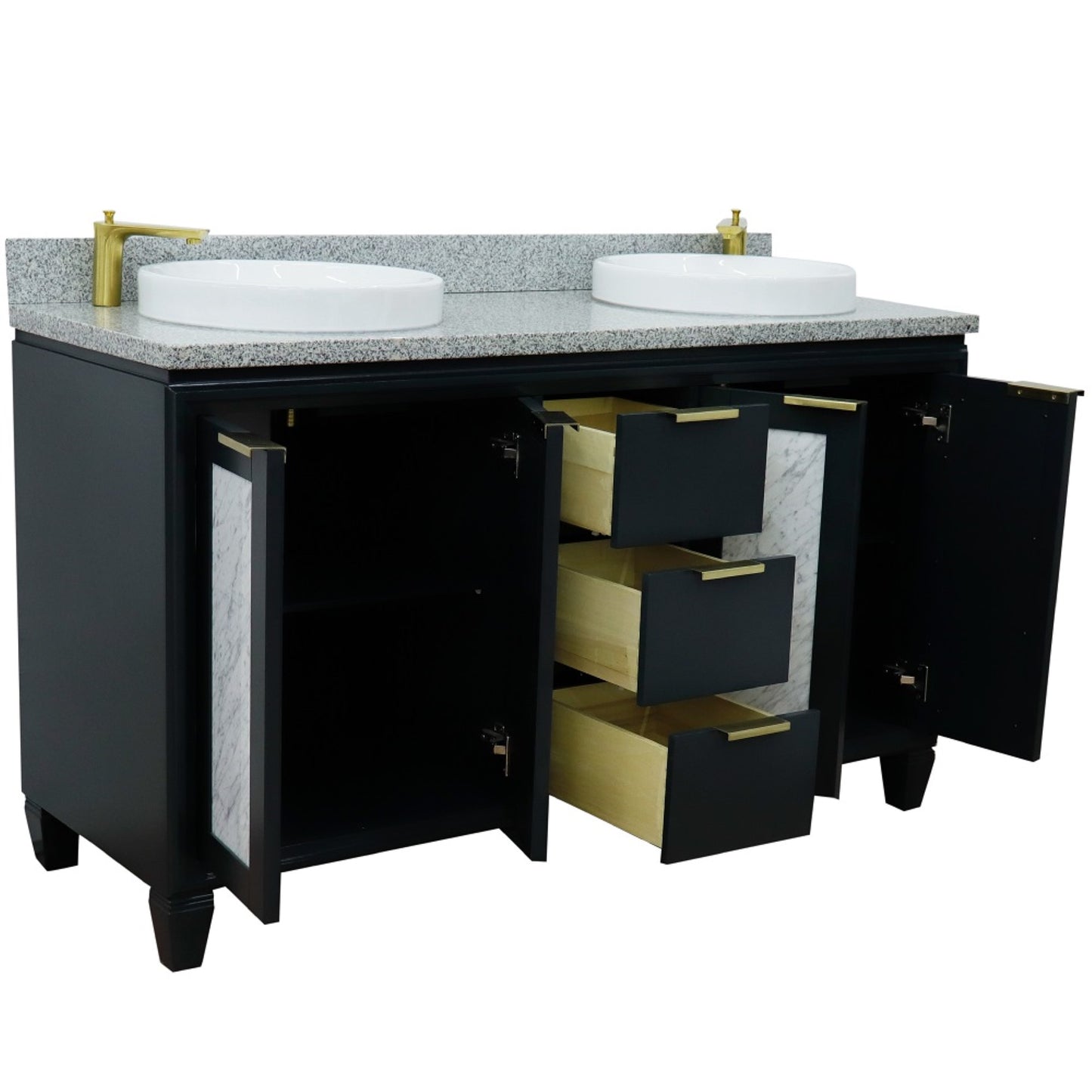 61" Double sink vanity in Dark Gray finish with Gray granite and round sink
