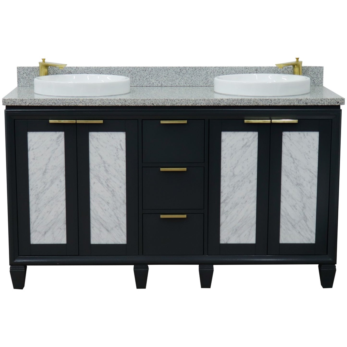 61" Double sink vanity in Dark Gray finish with Gray granite and round sink