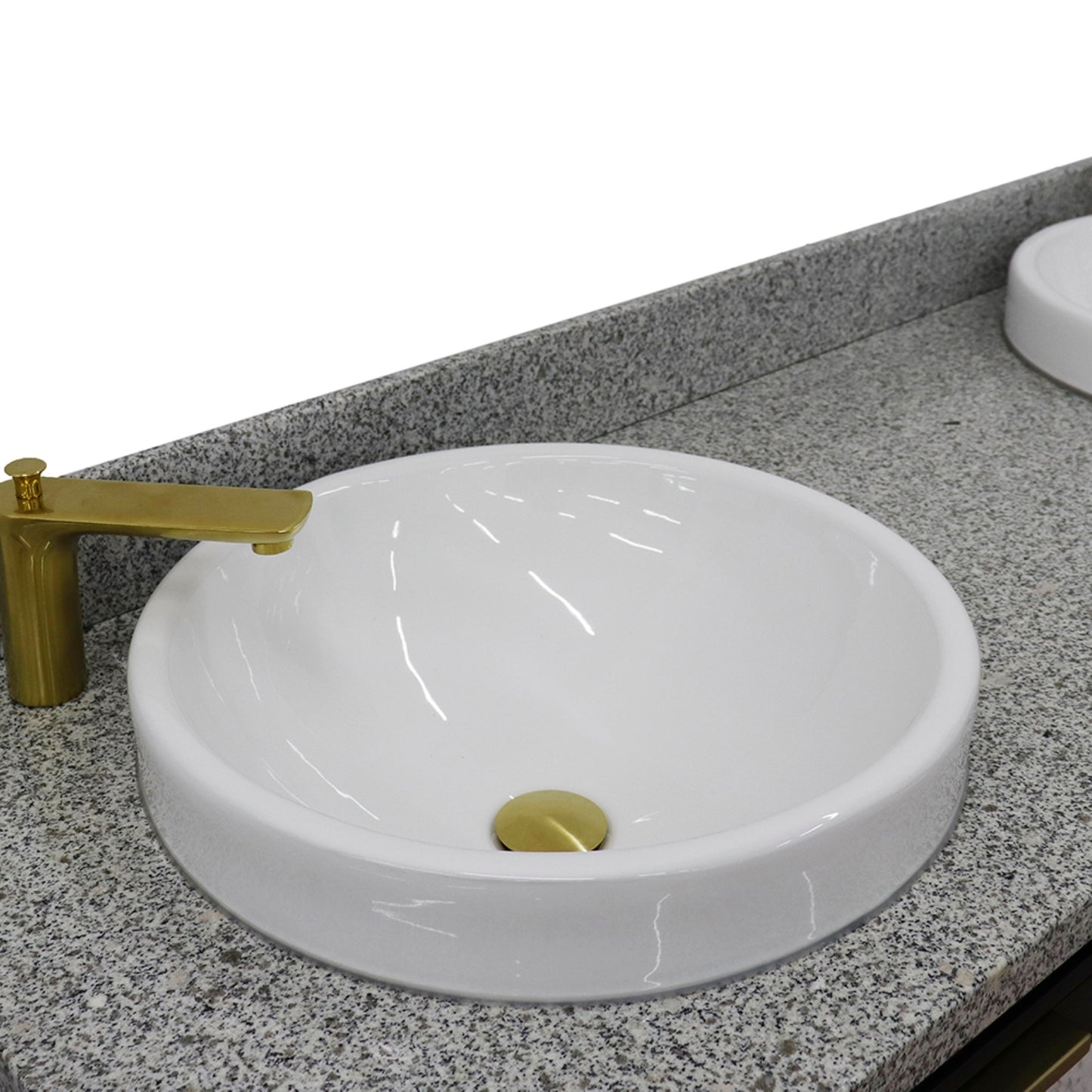 61" Double sink vanity in Dark Gray finish with Gray granite and round sink